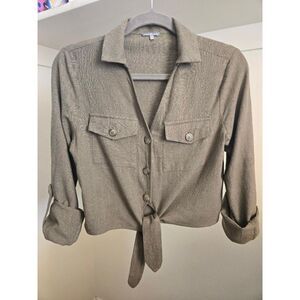 Olive Tie-Front Button Up Blouse. Size M